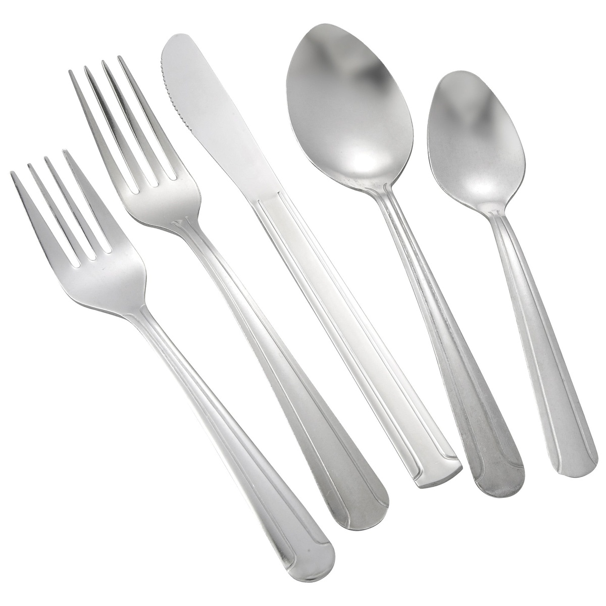 Winco Dominion flatware collection showing forks, knife, and spoons with matching two-line handle pattern