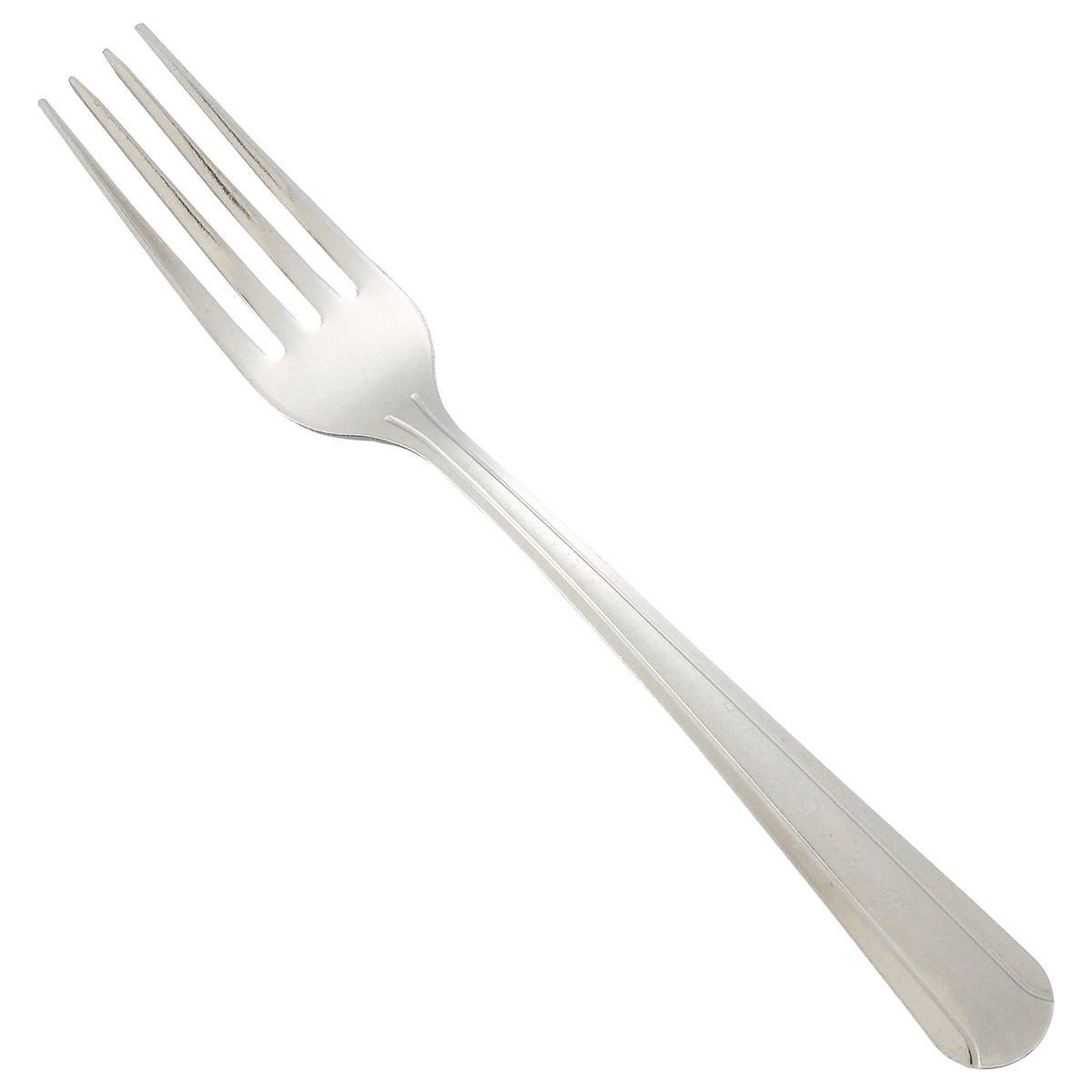 Winco Dominion dinner fork with art deco two-line handle design in 18/0 stainless steel
