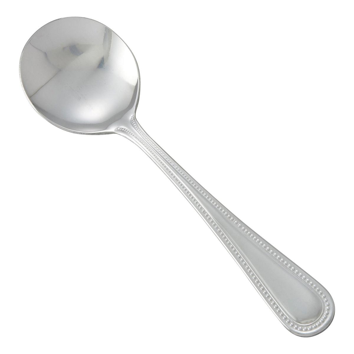 Winco 0005-04 Dots Bouillon Spoon with beaded handle detail and shallow round bowl in mirror finish stainless steel