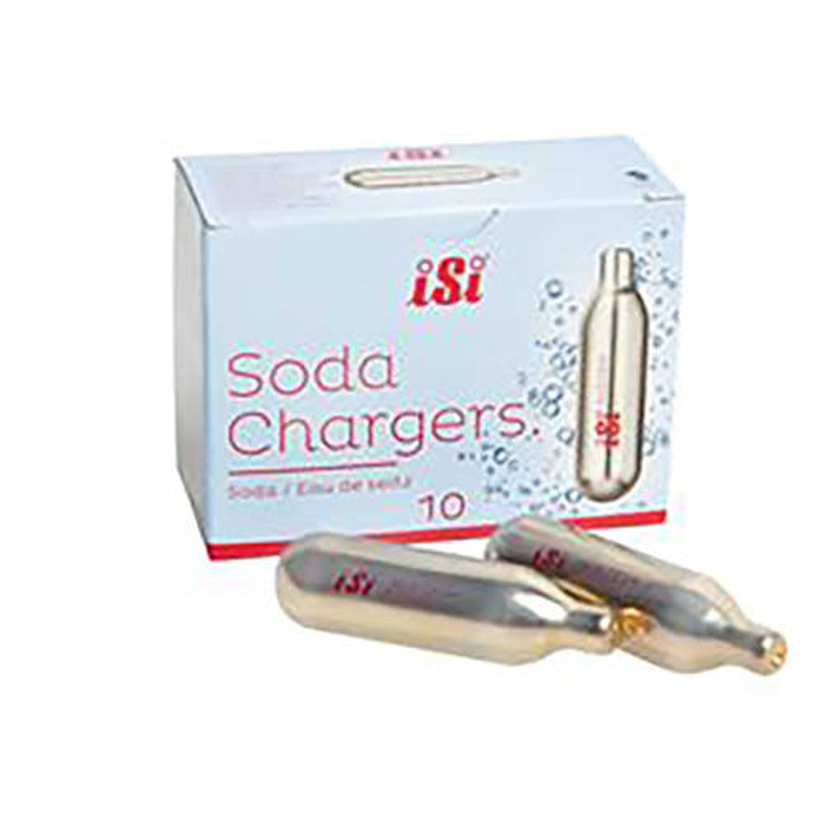 iSi Soda Chargers box of 10 with two gold CO2 chargers displayed in front
