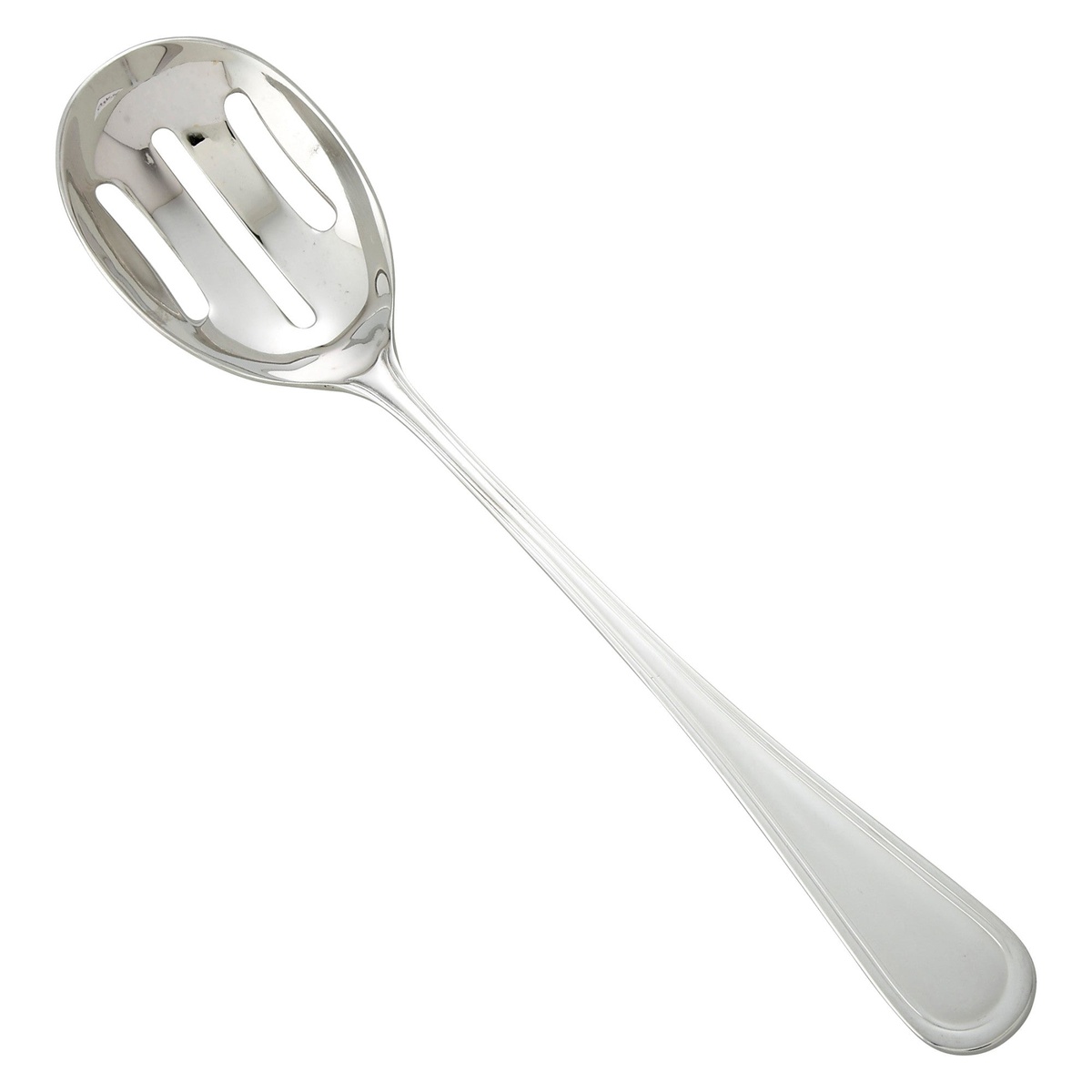 Winco 0030-24 Shangarila slotted banquet serving spoon with mirror finish on white background