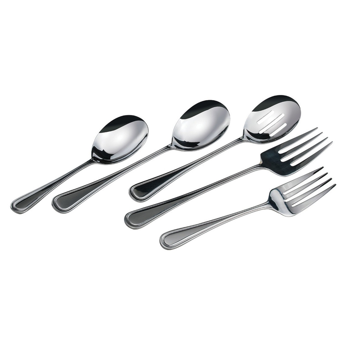 Shangarila flatware collection showing serving spoons and forks in mirror finish stainless steel