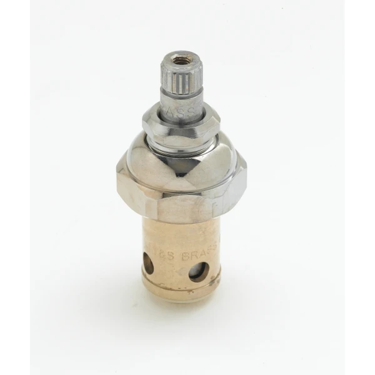T&S Brass 007947-40 Quarter-Turn Eterna Spindle Assembly showing brass cartridge body and chrome-plated stem