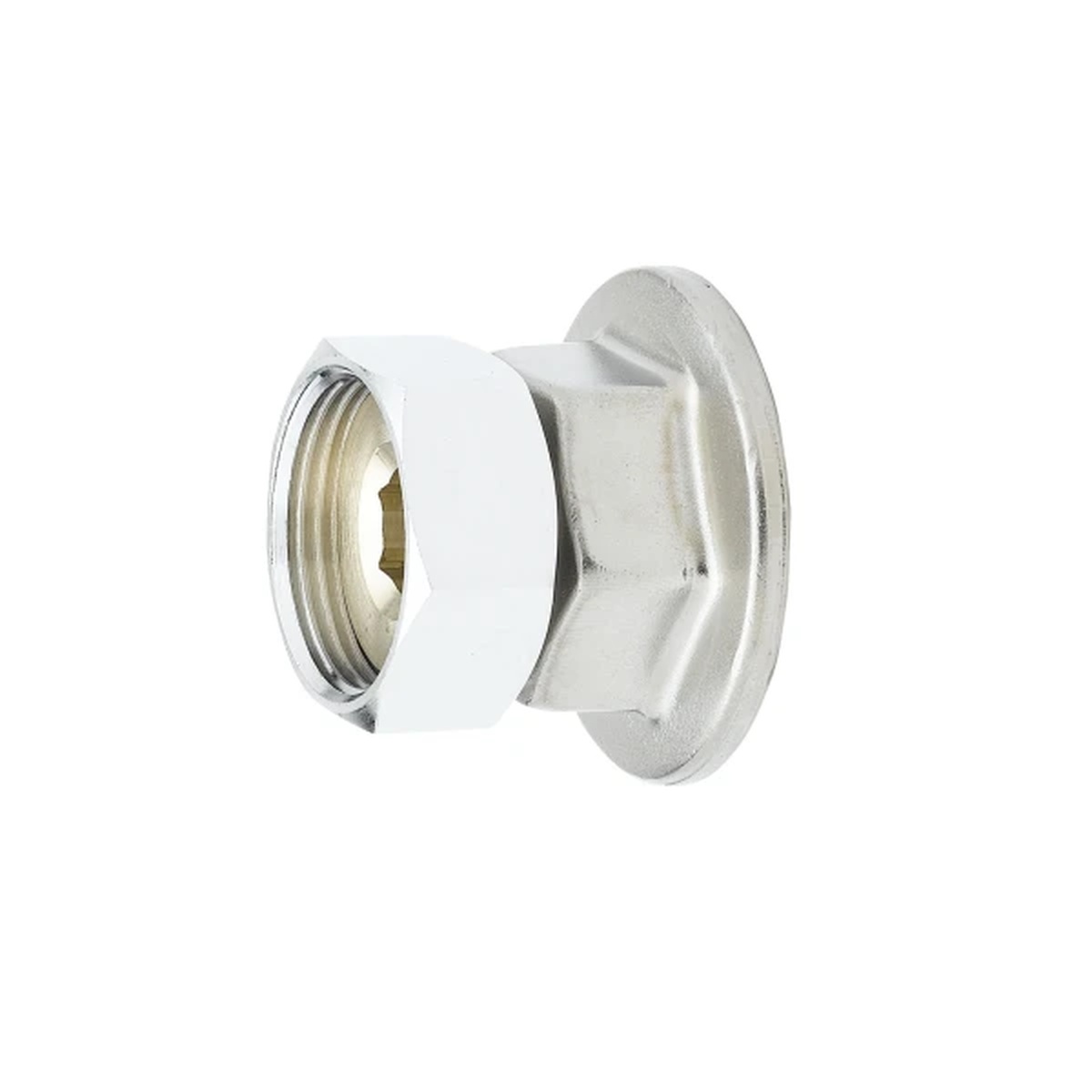 T&S Brass 00AA chrome plated brass 1/2-inch NPT female eccentric flanged inlet, product view on white background