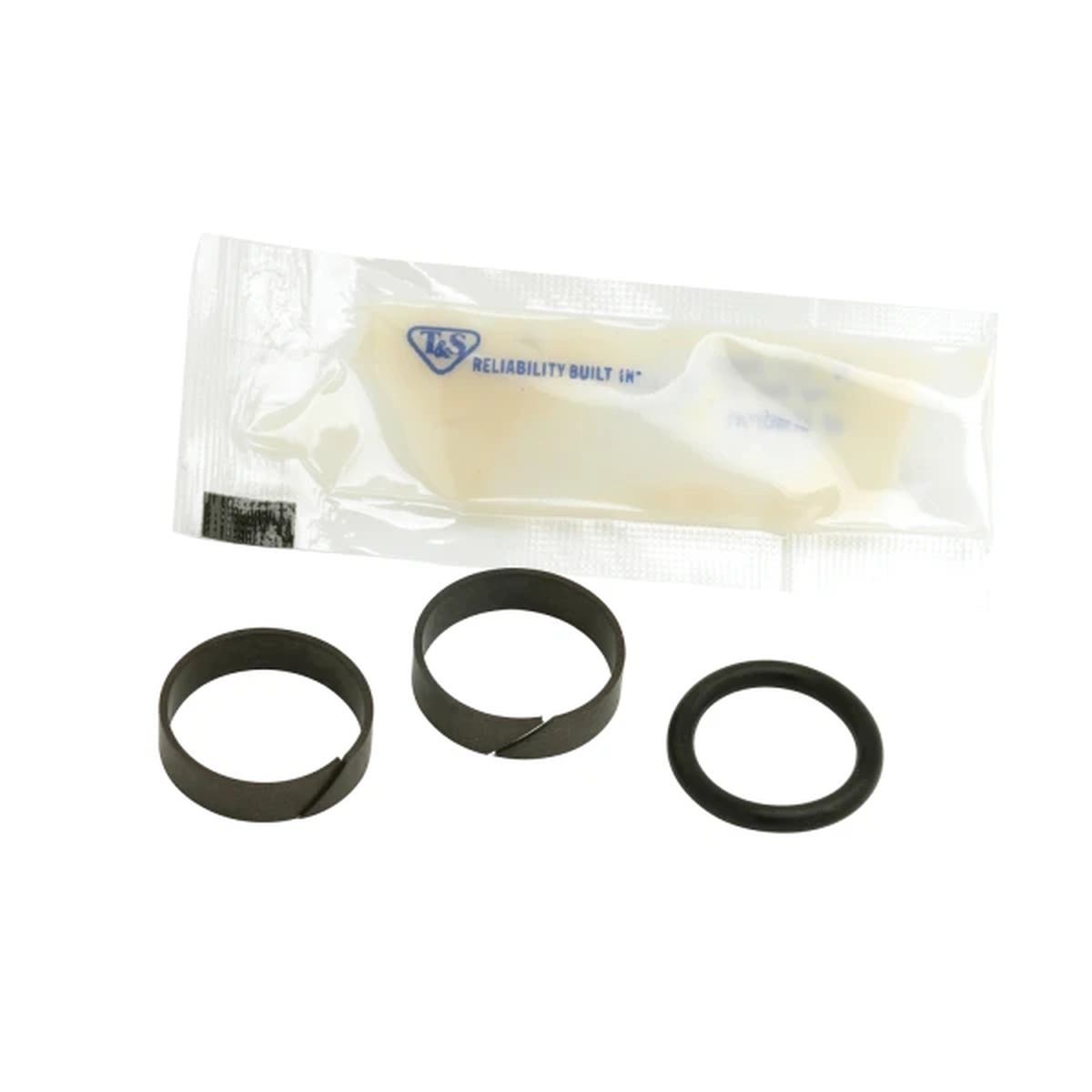 T&S Brass 011643-45 Swivel Repair Kit showing two Delrin swivel sleeves, one rubber o-ring, and a sealed grease pack
