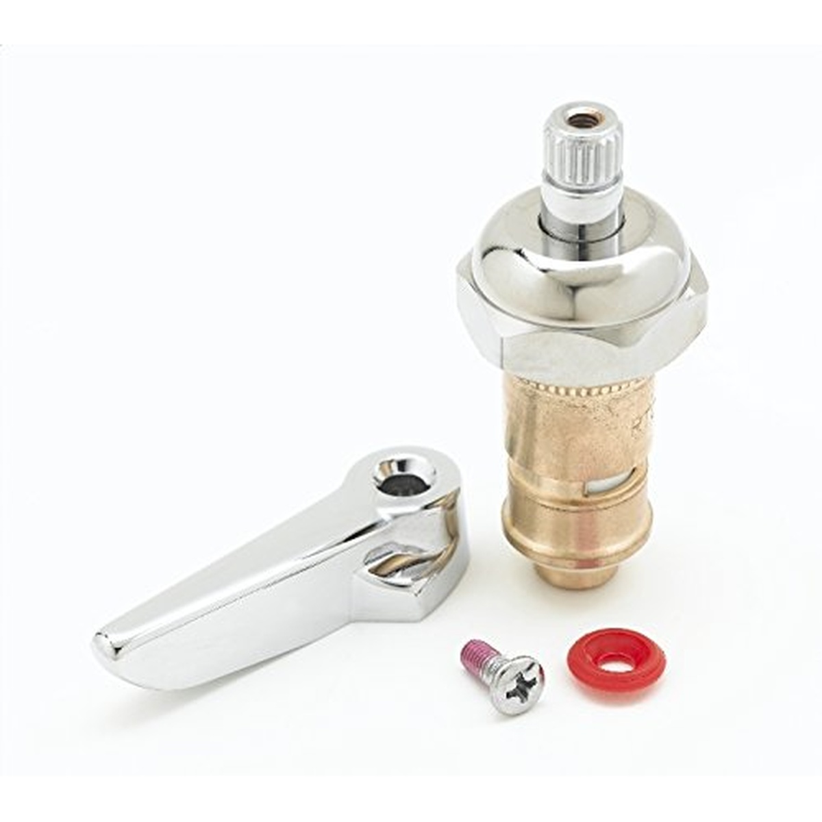 T&S Brass 012444-25 Cerama cartridge with bonnet, chrome lever handle, mounting screw, and red washer