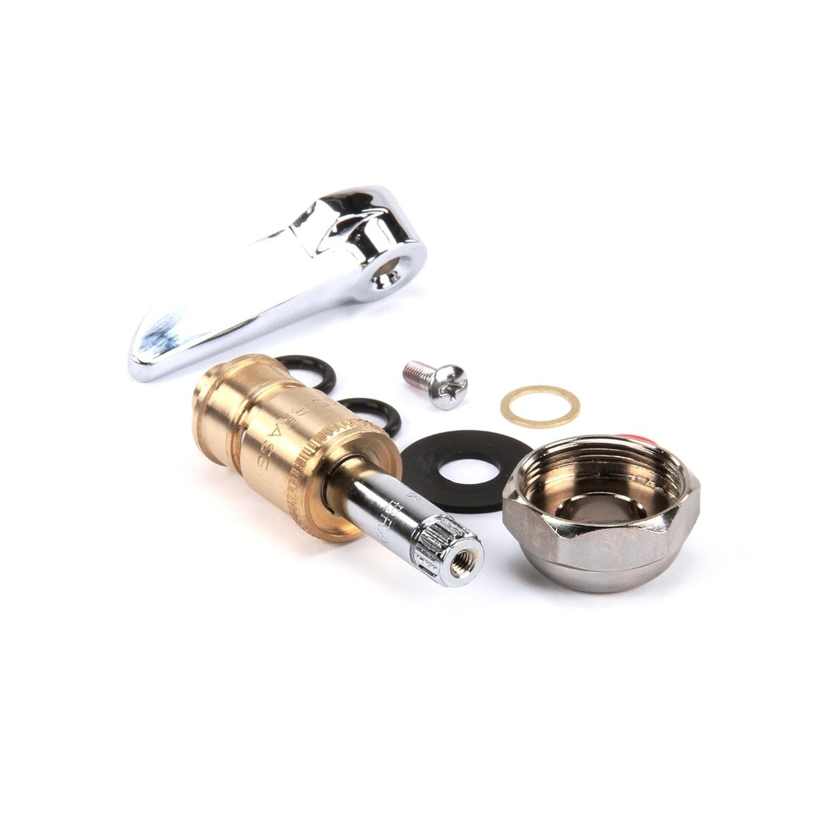 Close up view of the ceramic cartridge and chrome lever handle components