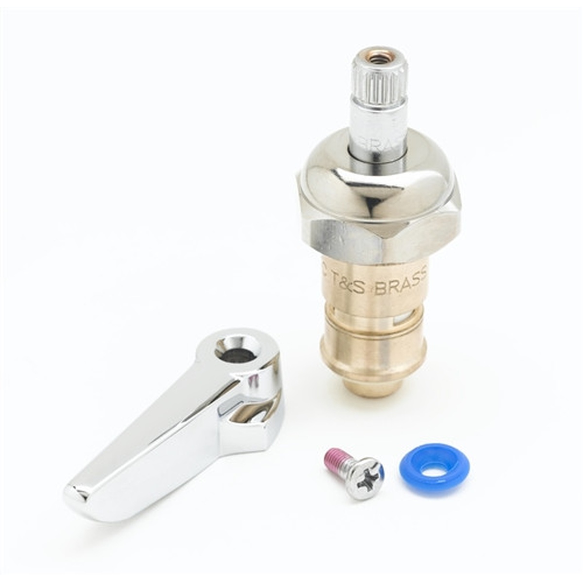 T&S Brass 012447-25 ceramic cold cartridge assembly shown with chrome lever handle, blue index ring, and mounting screw