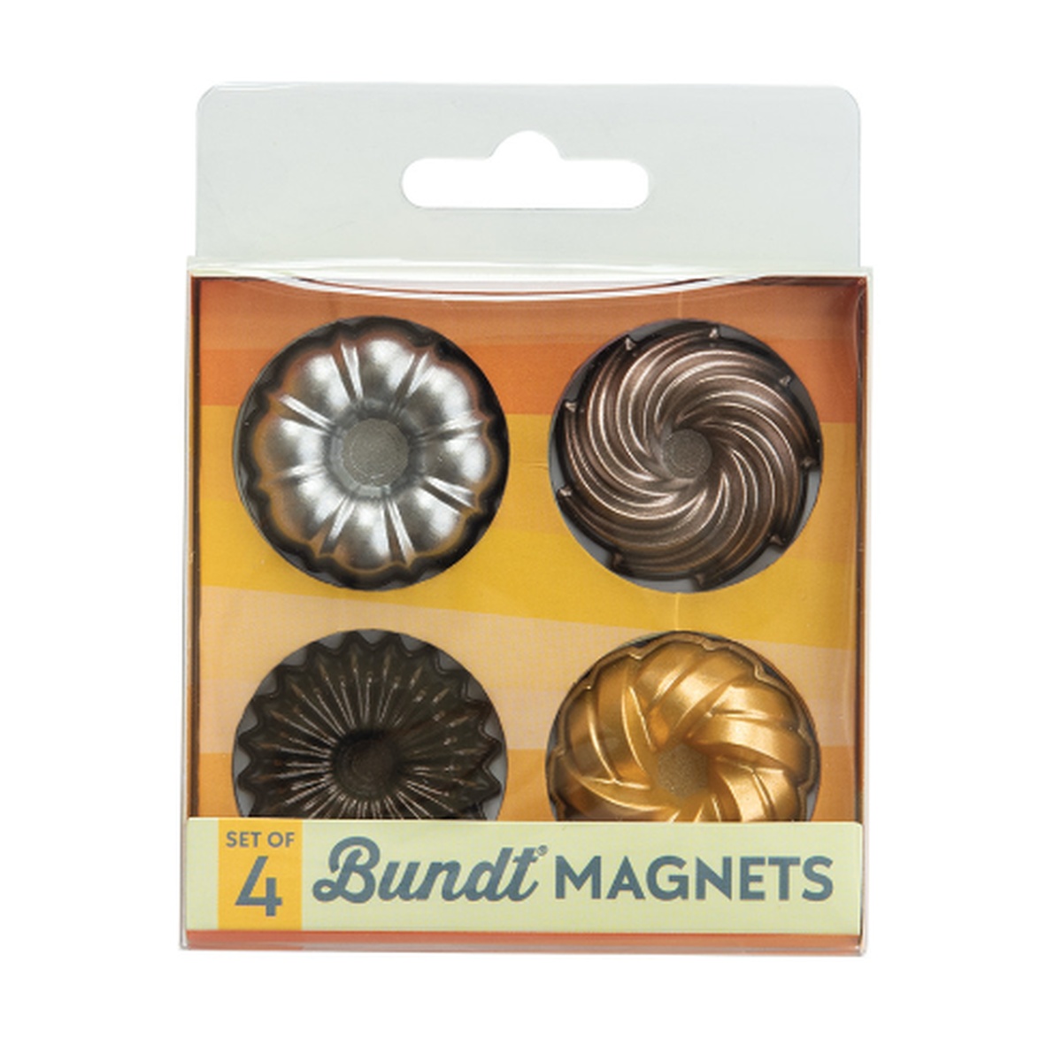 Nordic Ware Bundt Magnets Set of 4 in retail packaging showing silver, bronze, toffee, and gold designs