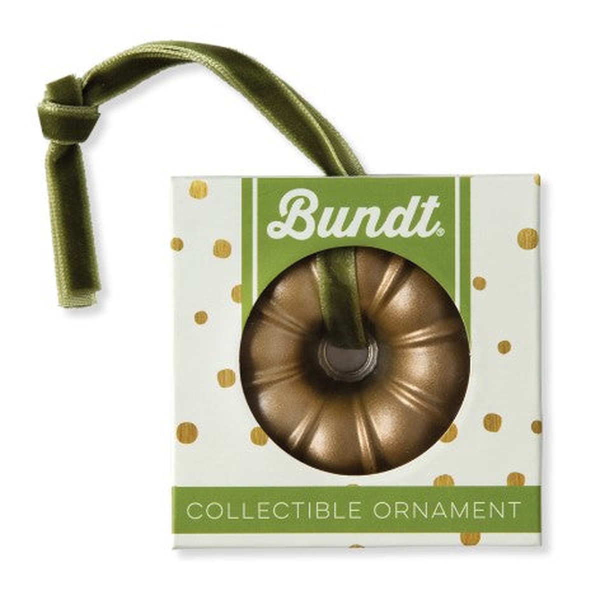 Nordic Ware Bundt collectible ornament in gold finish with green velvet ribbon, shown in branded gift box