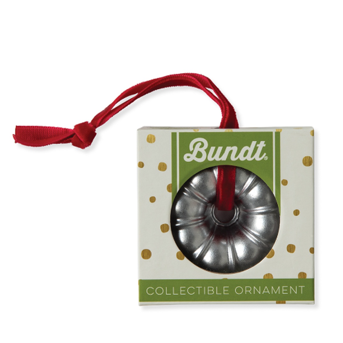 Nordic Ware Bundt collectible ornament in silver finish with red ribbon, shown in branded gift box