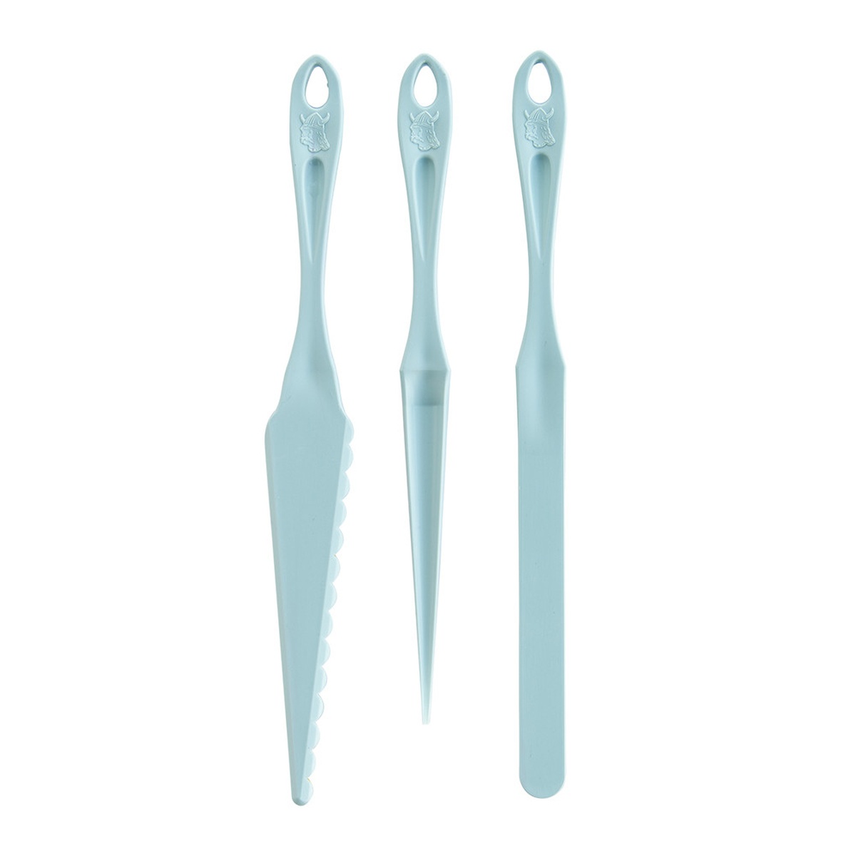 Nordic Ware Bundt Finishing Tool Kit - three sea glass colored plastic tools: serrated slicer, curved extraction tool, and flat flexible blade