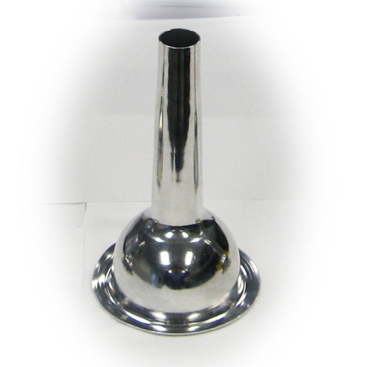 Alfa International 022BT 3/4 polished aluminum bell-shaped sausage stuffer tube, 6-1/2 inch length, angled view