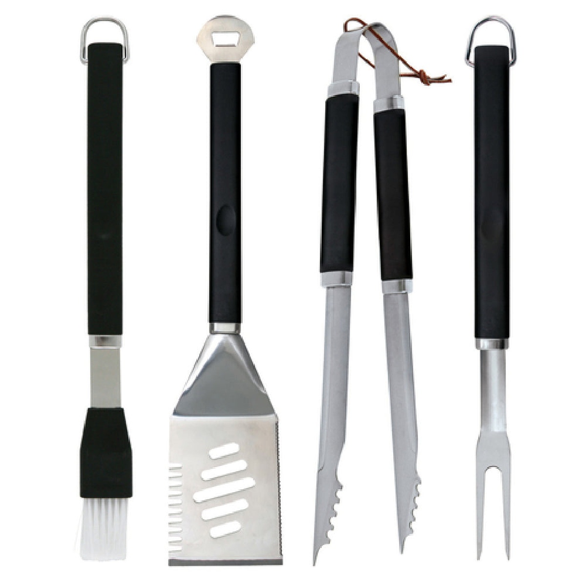Chef Master 02466Y 4-piece BBQ tool set showing basting brush, 4-in-1 spatula, tongs, and fork with ergonomic black finger-grip handles and stainless steel working ends