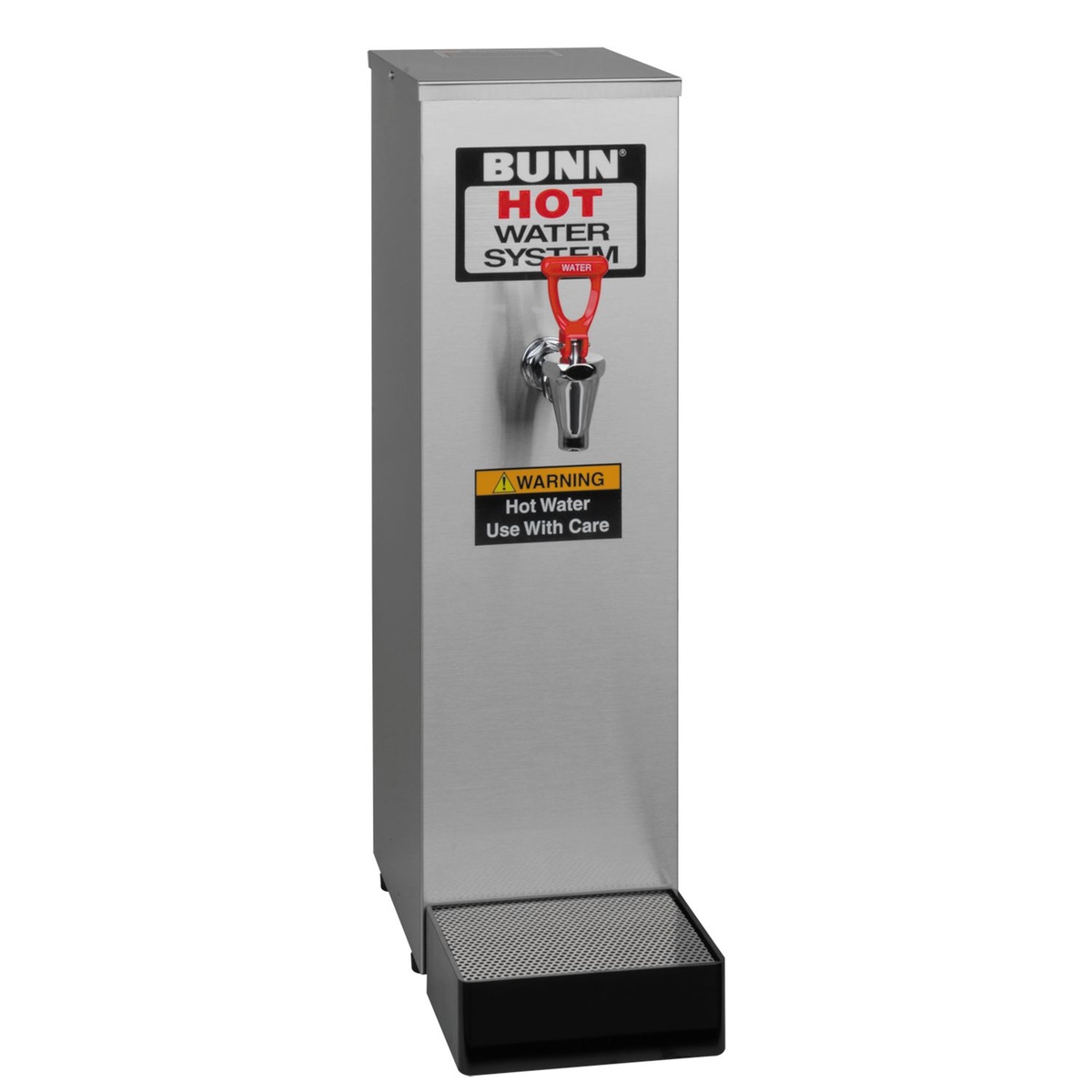 Bunn HW2 stainless steel hot water dispenser with red-handle faucet and drip tray on white background