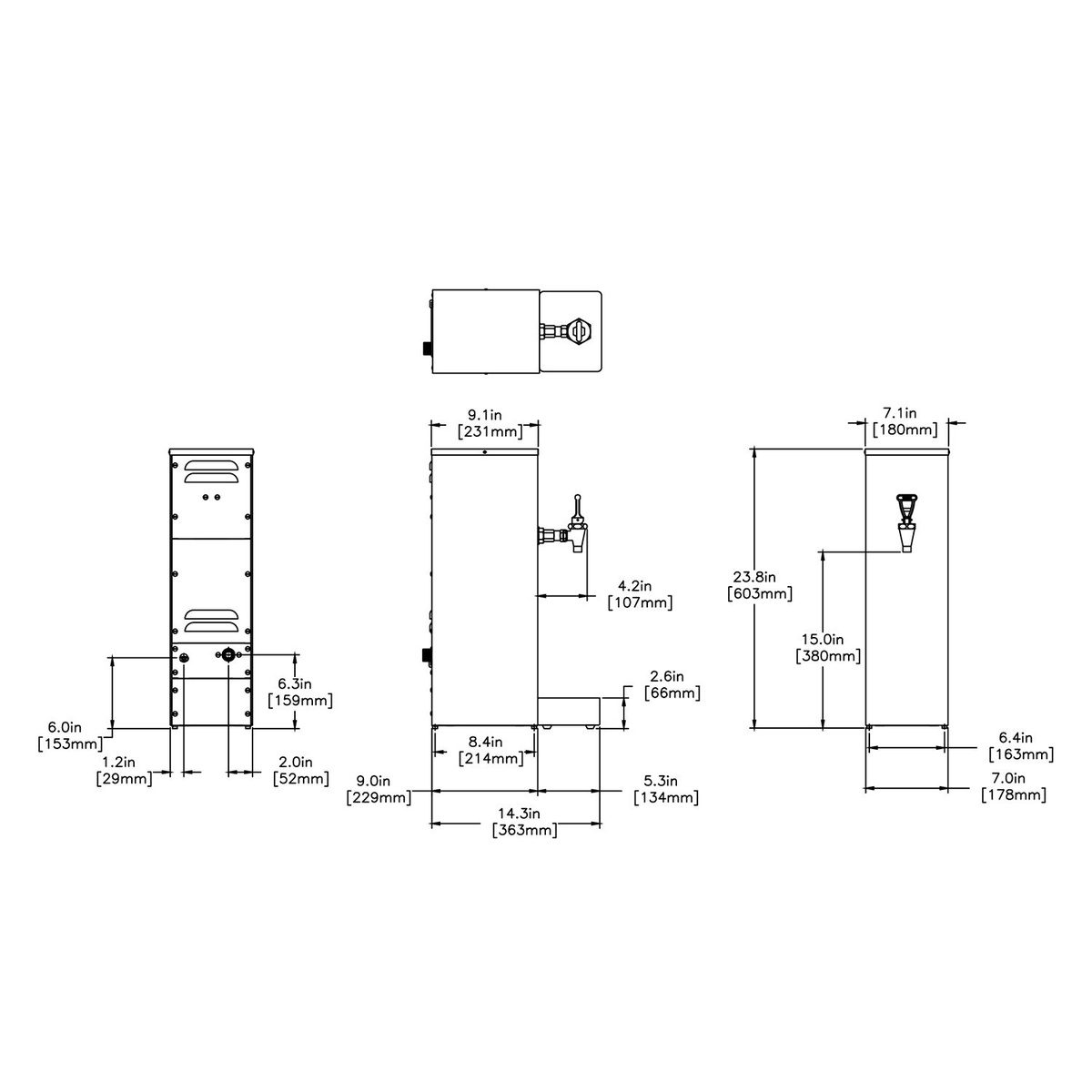 Bunn HW2 technical dimensional drawing showing height, width, and depth measurements from multiple angles