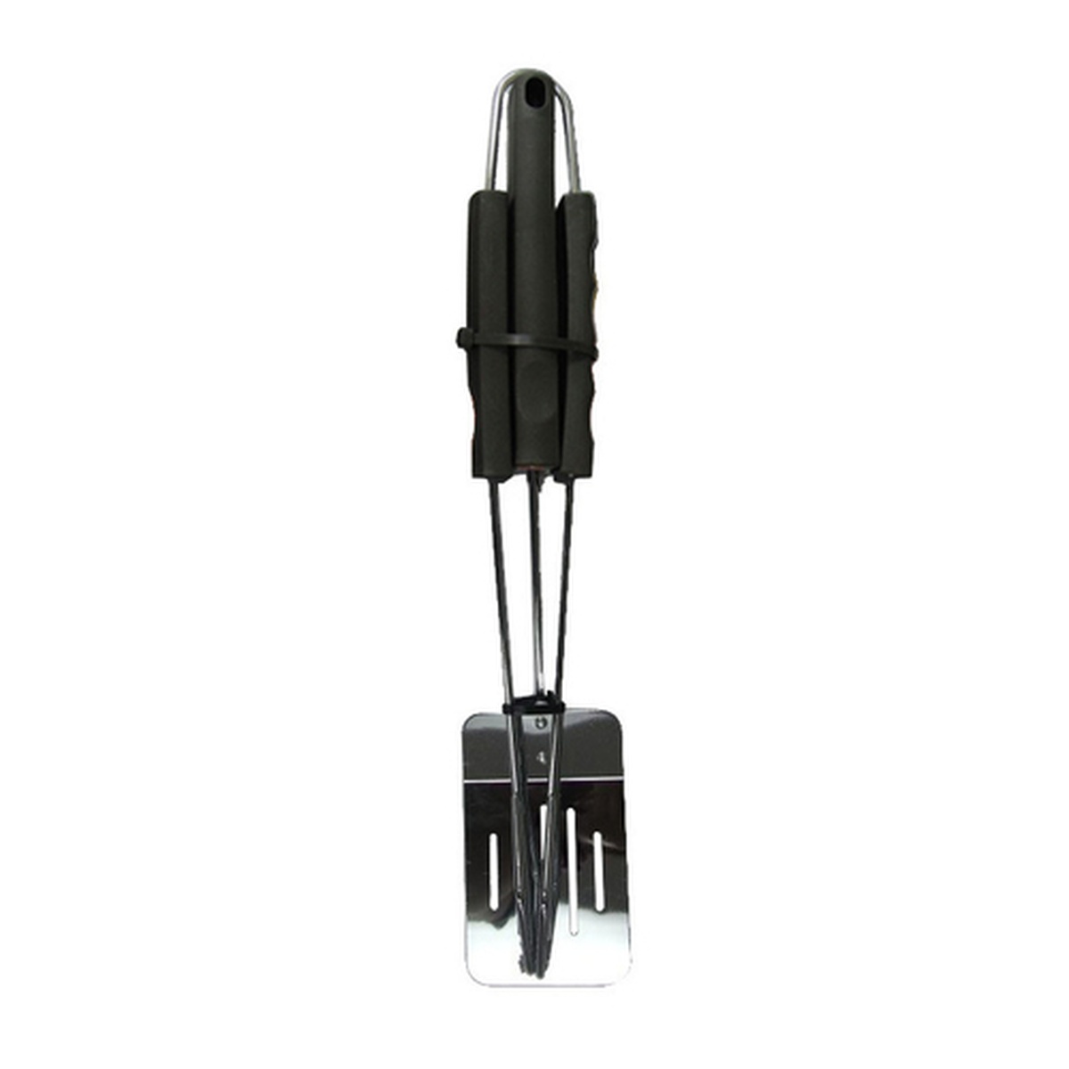 Chef Master 02859YNST 2-piece BBQ tool set showing chrome-plated spatula and tongs with black finger-grip plastic handles