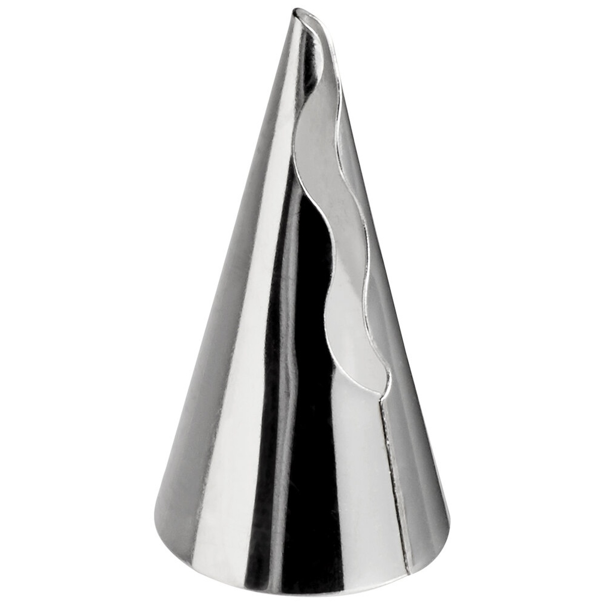Ateco 030 ruffle piping tip in stainless steel with wavy teardrop-shaped opening