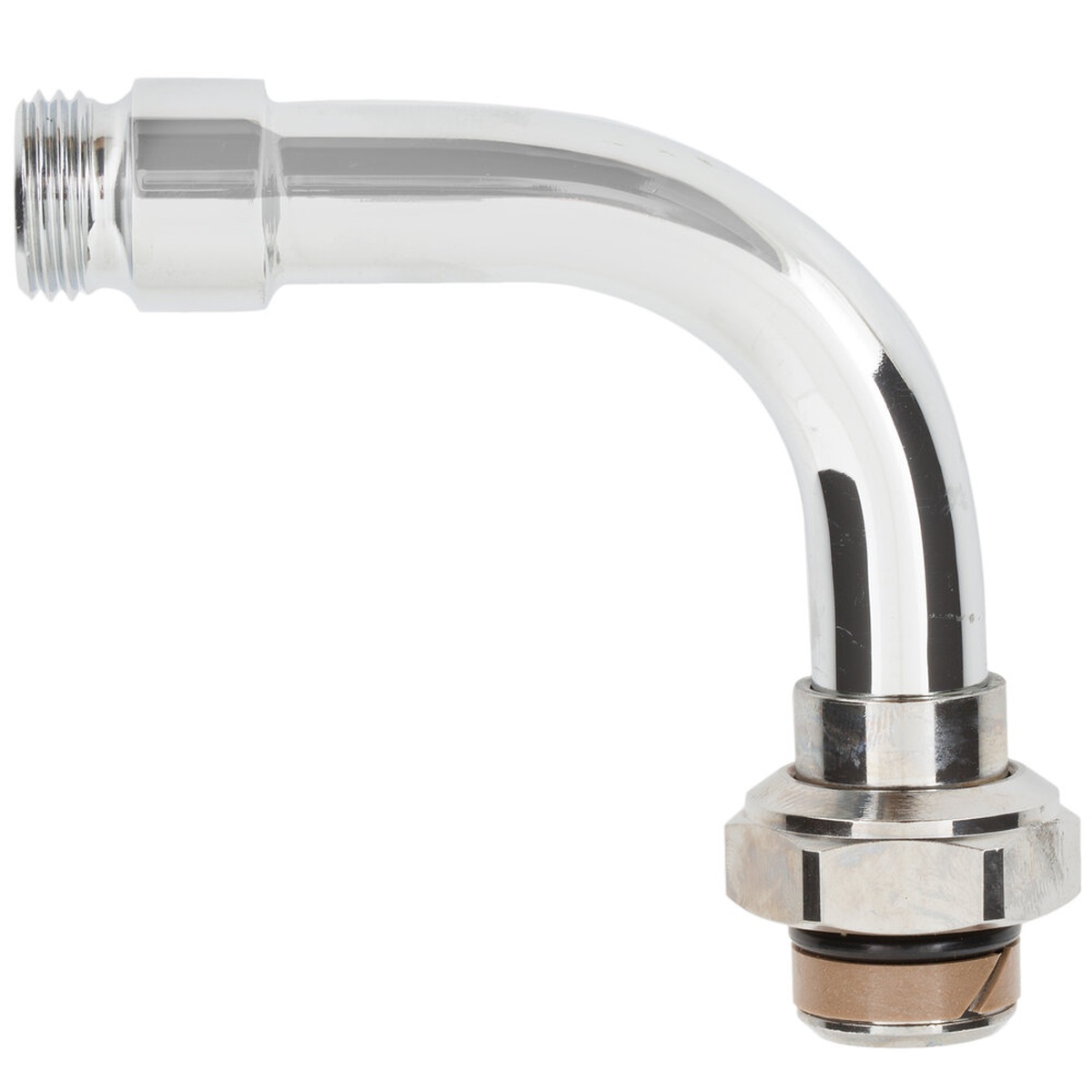 T&S Brass 034A chrome-plated 90-degree swivel adapter with 3/4-14 UN male hose outlet and swivel nut connection
