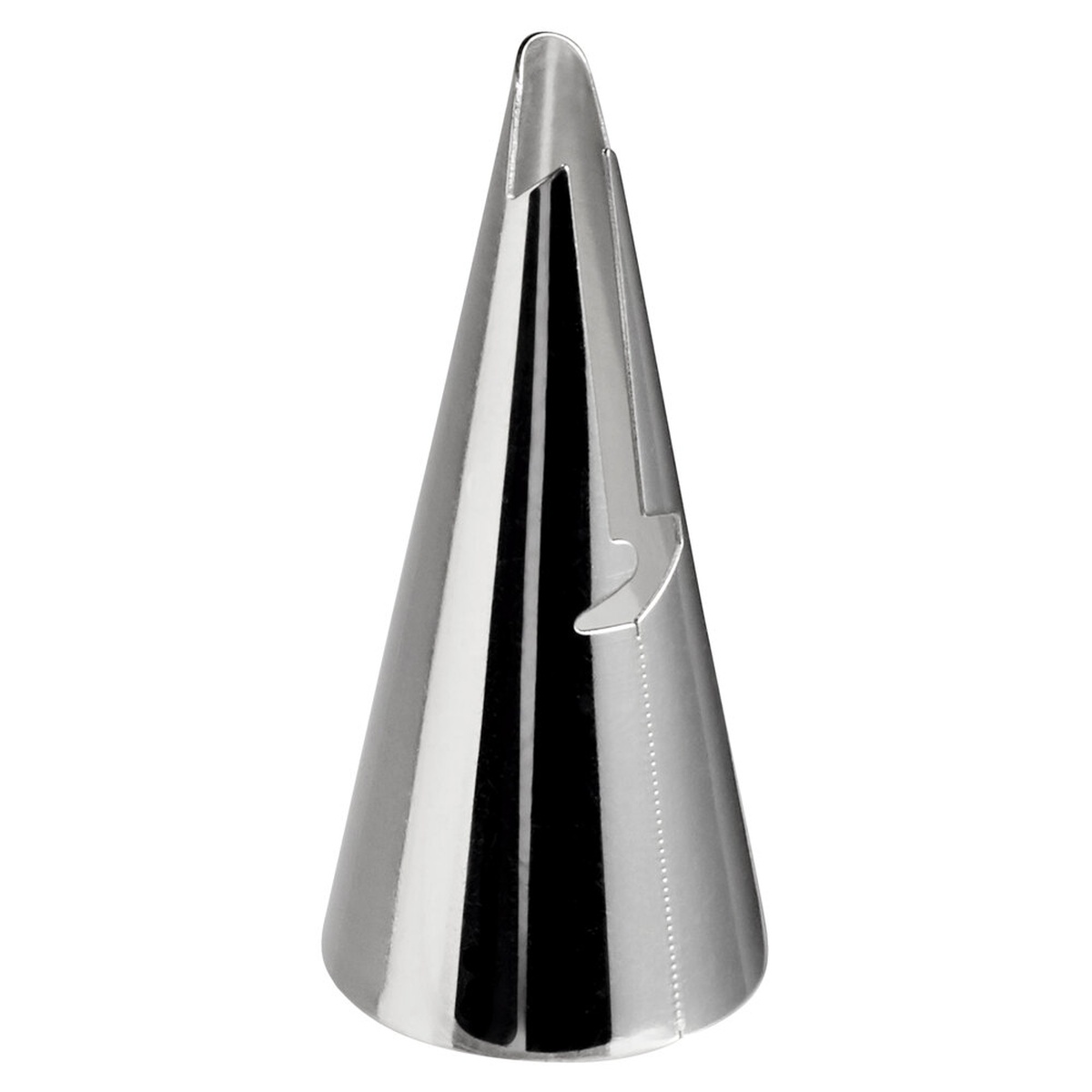 Ateco 040 stainless steel ruffle piping tip, conical shape with ruffle opening, on white background