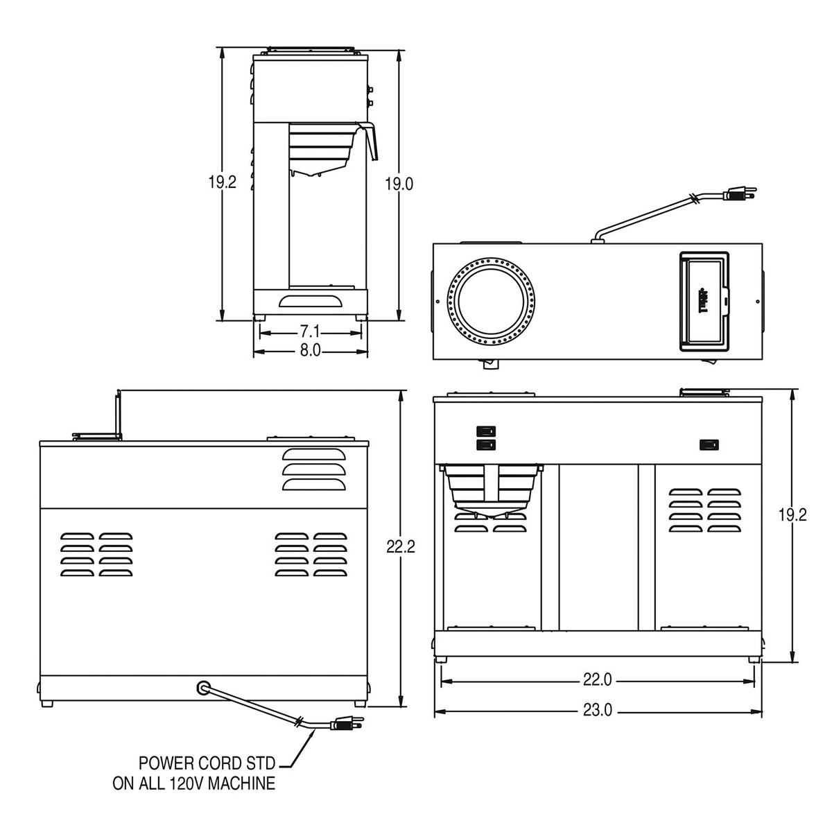 BUNN VPS technical dimension diagram showing front, side, and top views with measurements