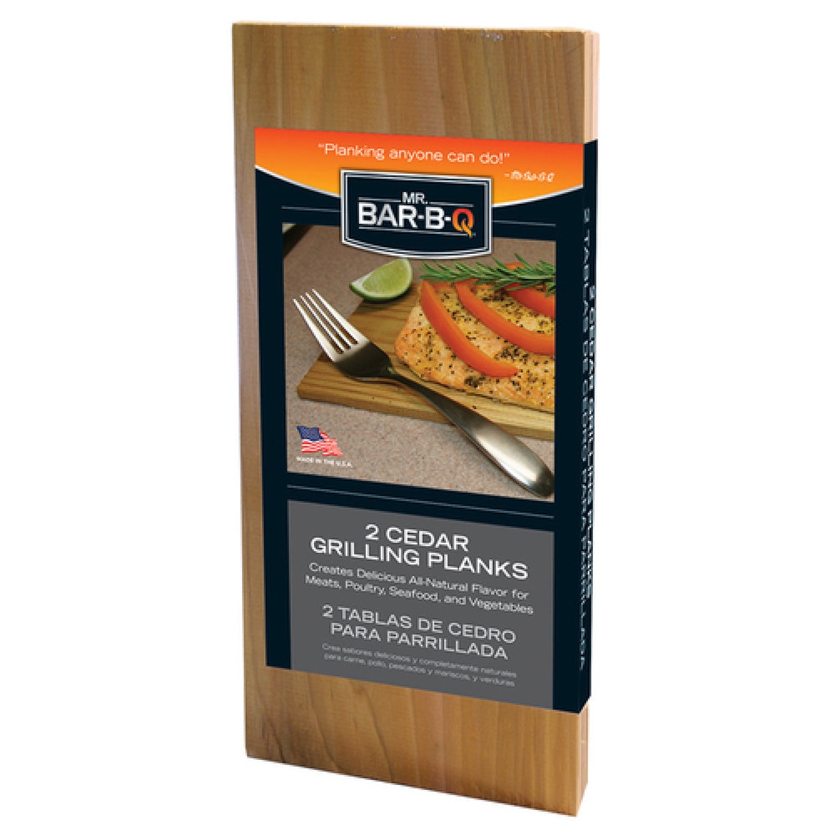 Chef Master Mr. Bar-B-Q cedar grilling planks retail packaging showing 2 planks and product details