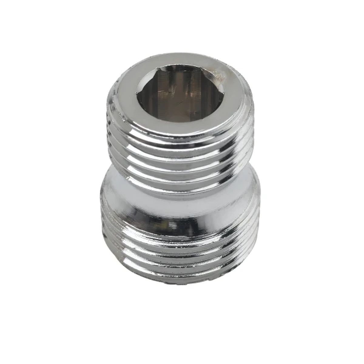 T&S Brass 055A chrome plated brass male adapter with dual-threaded ends on white background