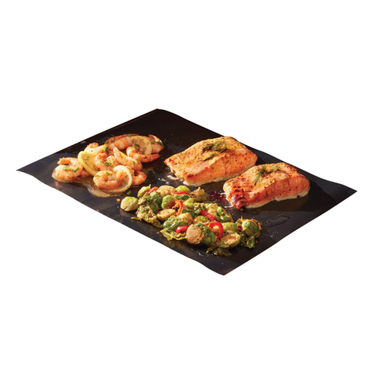 Chef Master 06012Y black non-stick grilling mat with shrimp, chicken, and vegetables on its surface