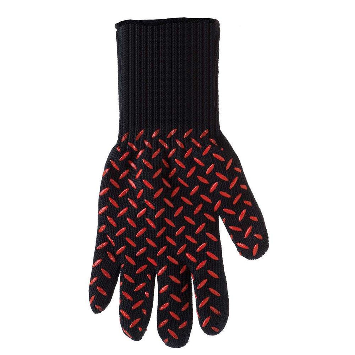 Chef Master 06019Y black knit grill glove with red non-slip silicone grip dots on palm and fingers