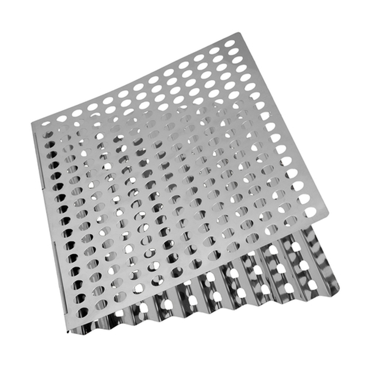 Chef Master 06039Y dual-sided stainless steel BBQ searing topper sheet showing flat searing side and grooved grilling side with perforated holes