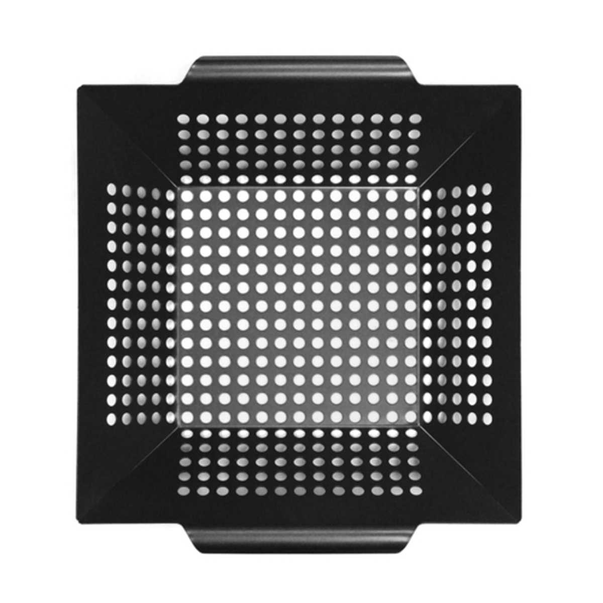 Chef Master 06081Y black square non-stick wok grill topper with perforated surface, top-down view