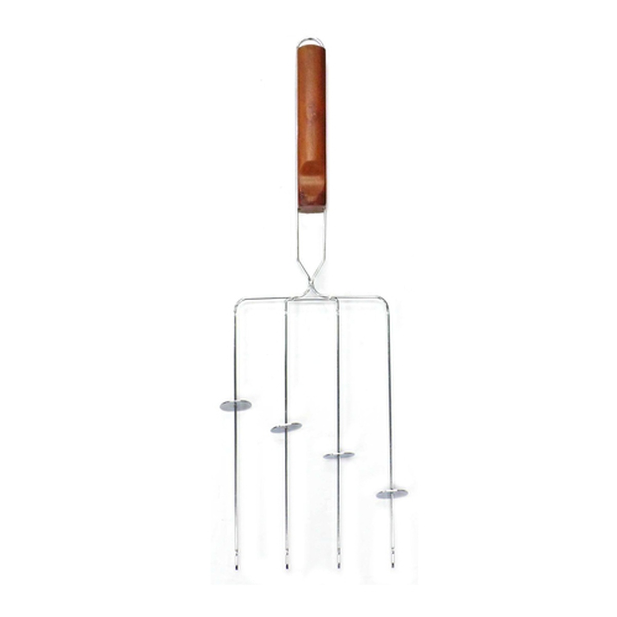 Chef Master 06184Y 4-pronged kabob grilling basket with wooden handle and metal prongs