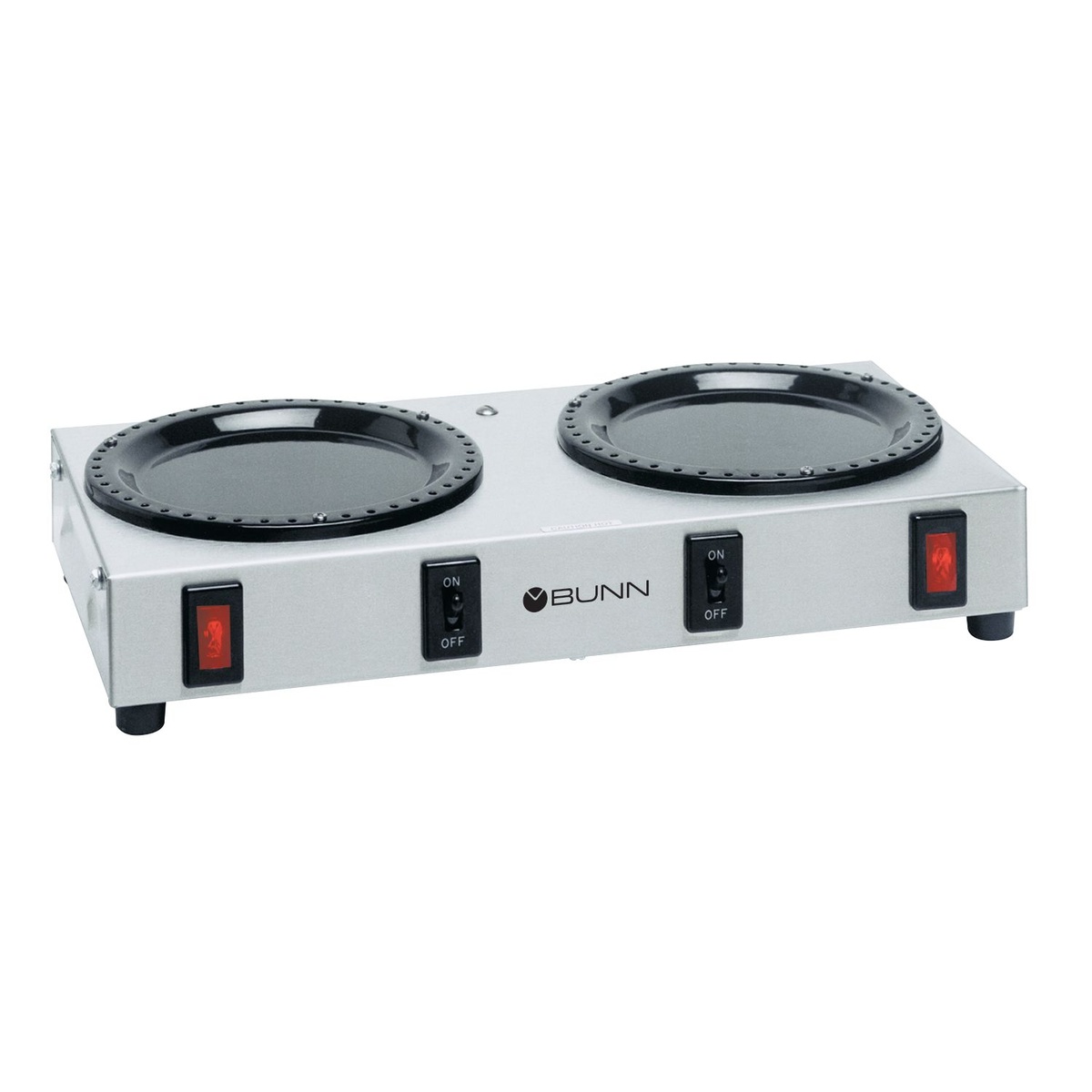 Bunn WX2 double burner coffee warmer with two black heating plates, red power indicator lights, and ON/OFF switches on a silver body