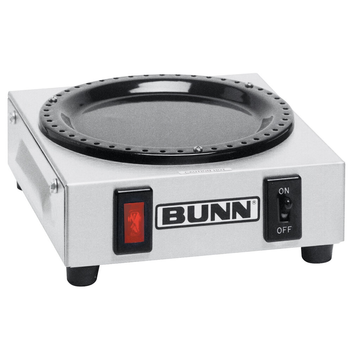 Bunn WX1 single burner coffee warmer with circular heating plate, lighted indicator switch, and on/off toggle on stainless steel body