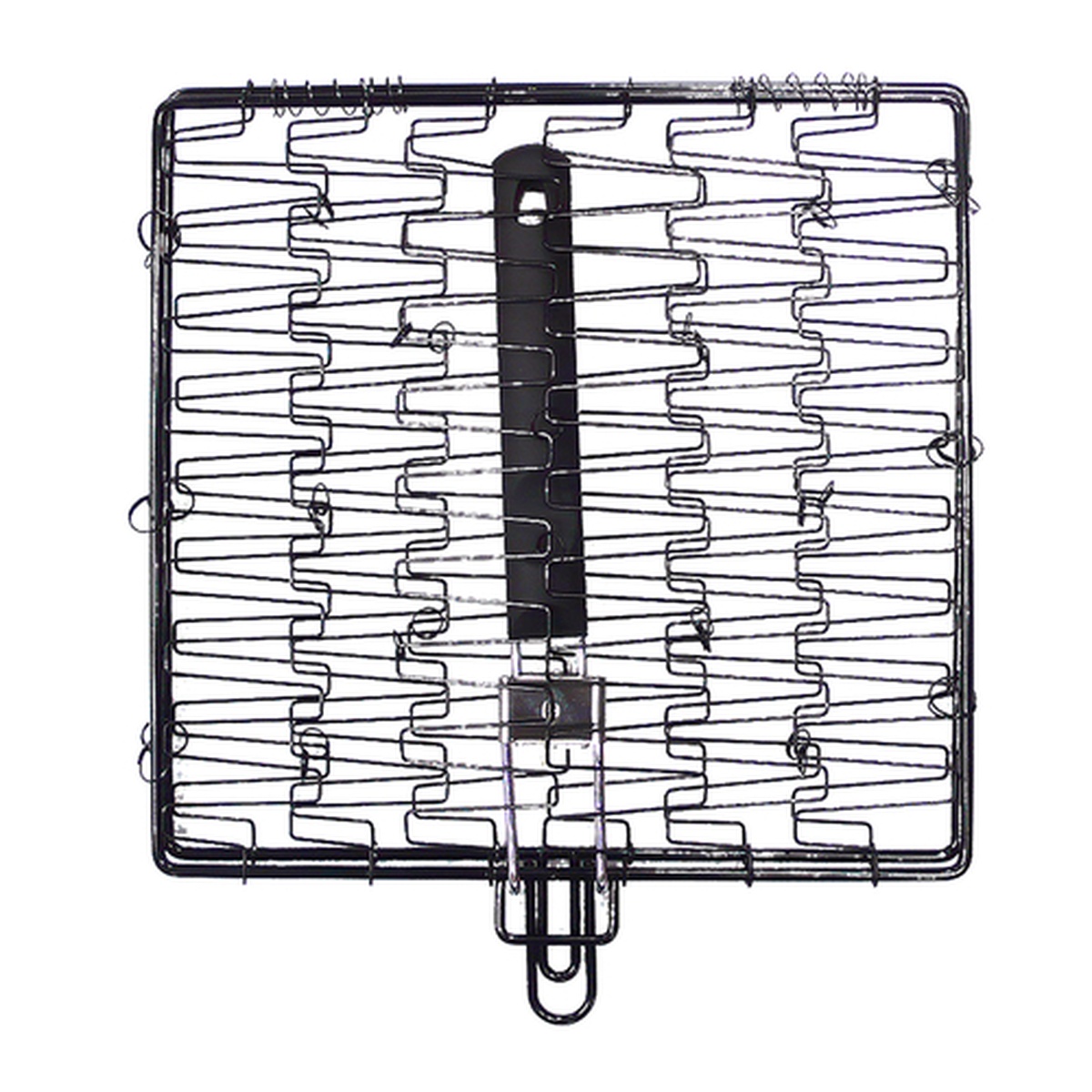 Chef Master 06620Y expandable non-stick grill basket with folding handle, open flat view showing flexible wire mesh