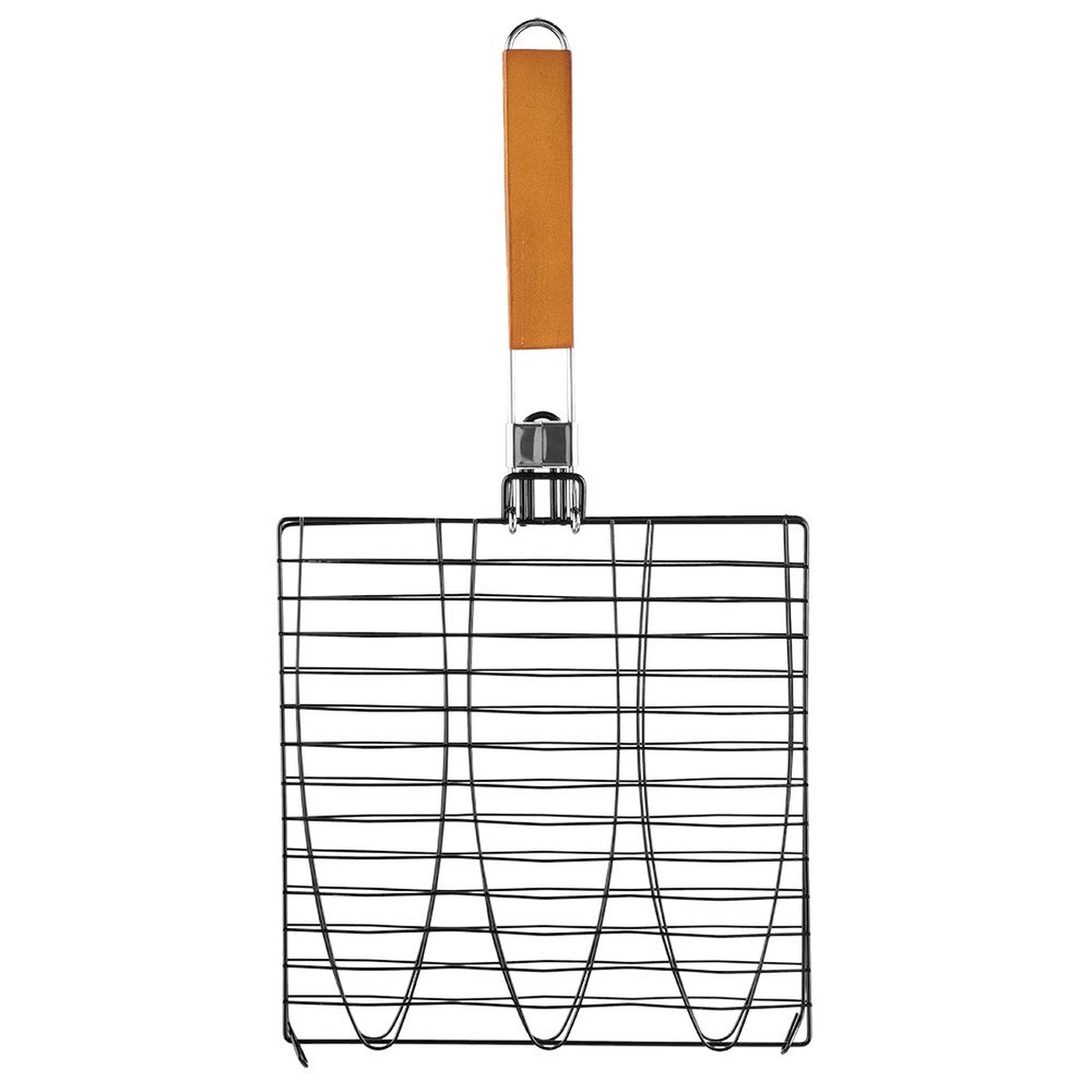 Chef Master Triple Fish Basket with folding wood handle and non-stick wire grid, front view
