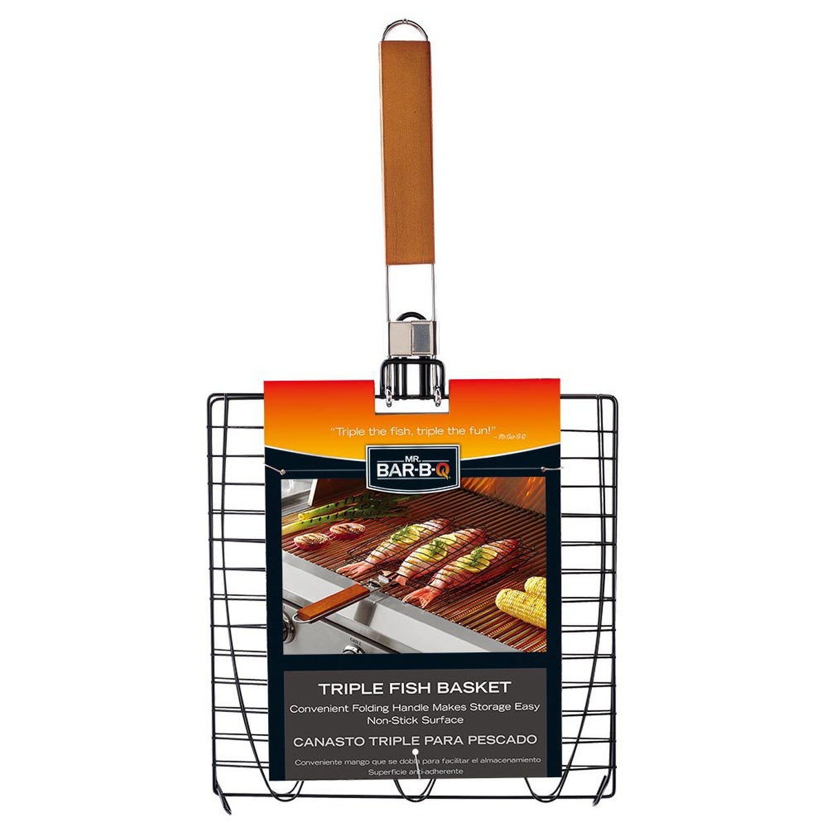 Chef Master Triple Fish Basket with retail packaging label showing folding wood handle and wire basket