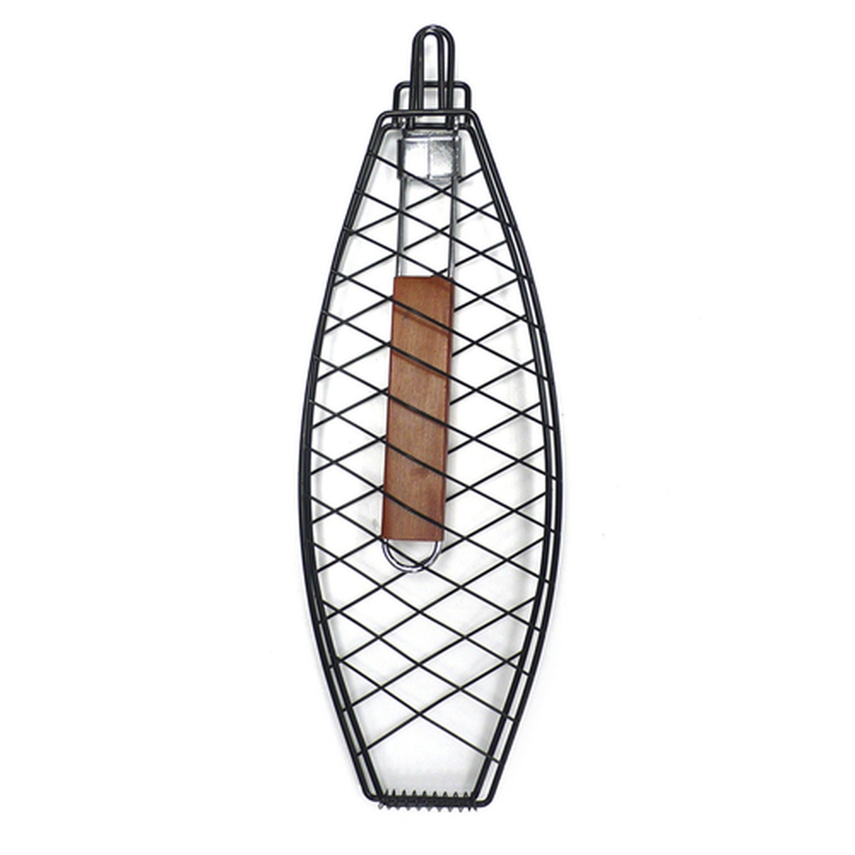 Chef Master 06630Y non-stick fish grilling basket with diamond-pattern wire grid and wooden handle grip