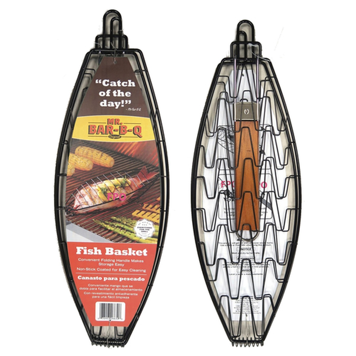 Chef Master Mr. Bar-B-Q fish basket shown alongside its retail packaging card