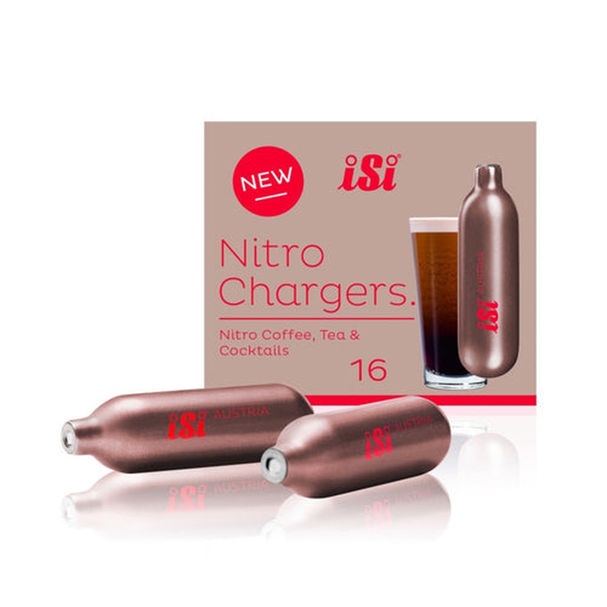 iSi Nitro Chargers metallic bronze cartridges shown with retail box of 16 for nitro coffee tea and cocktails