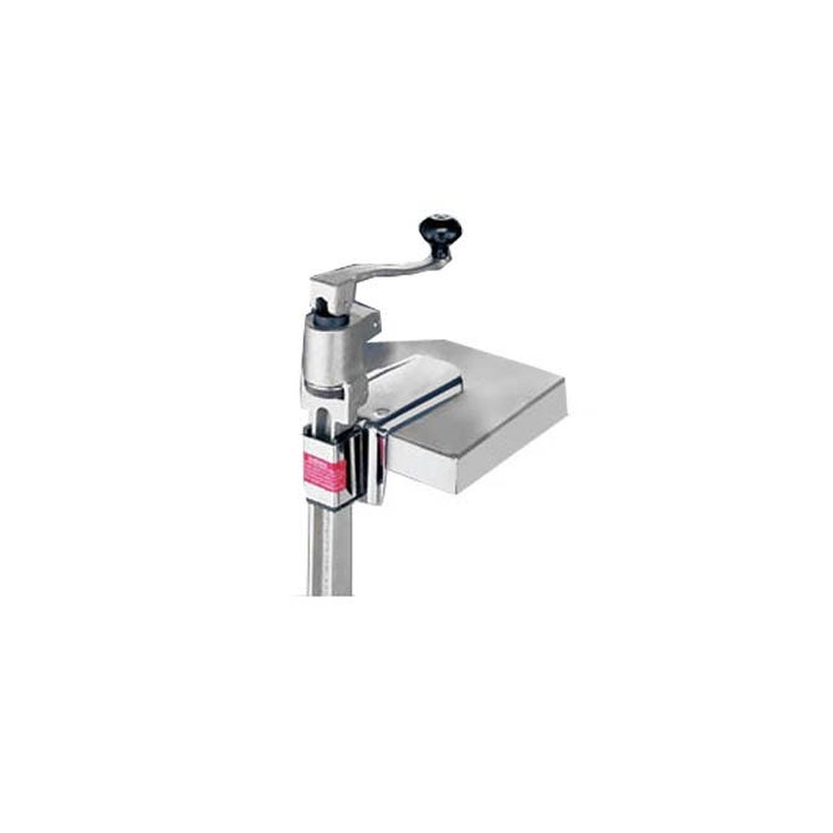 Edlund #1 Manual Can Opener mounted on a pole stand, showing hand-crank mechanism and stainless steel tray