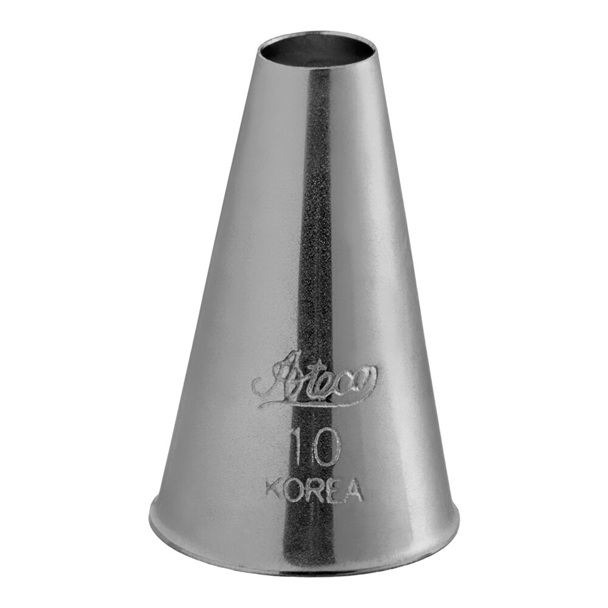 Ateco #10 plain piping tip in stainless steel with round opening, embossed with Ateco logo and size 10