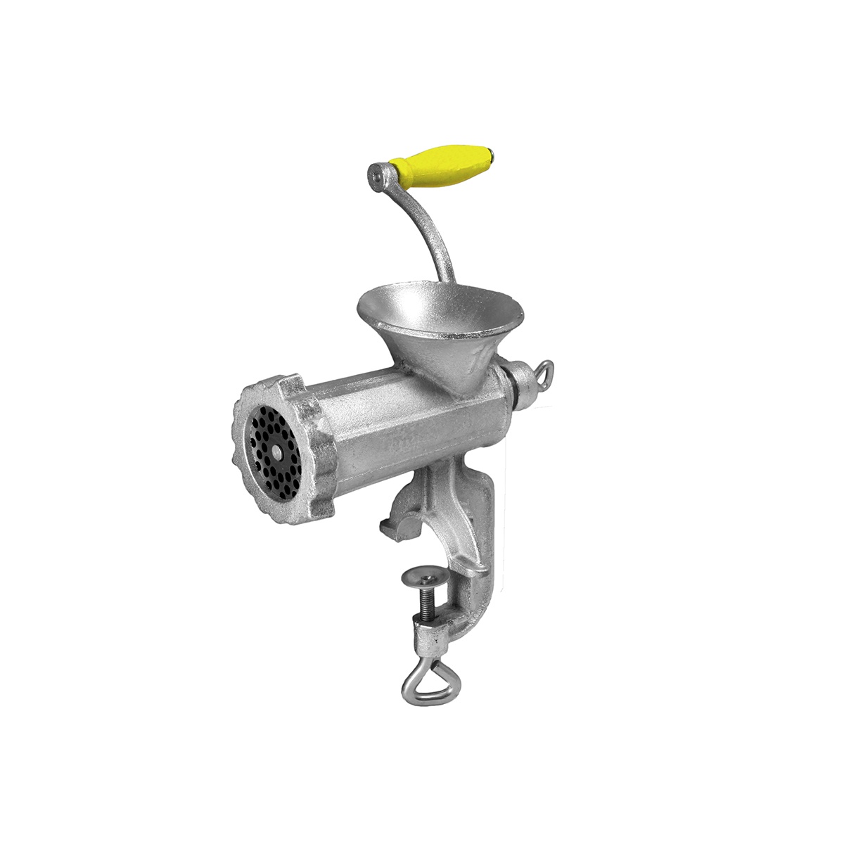 Alfa International 10 HFG manual hand food grinder with clamp-on mount and yellow handle