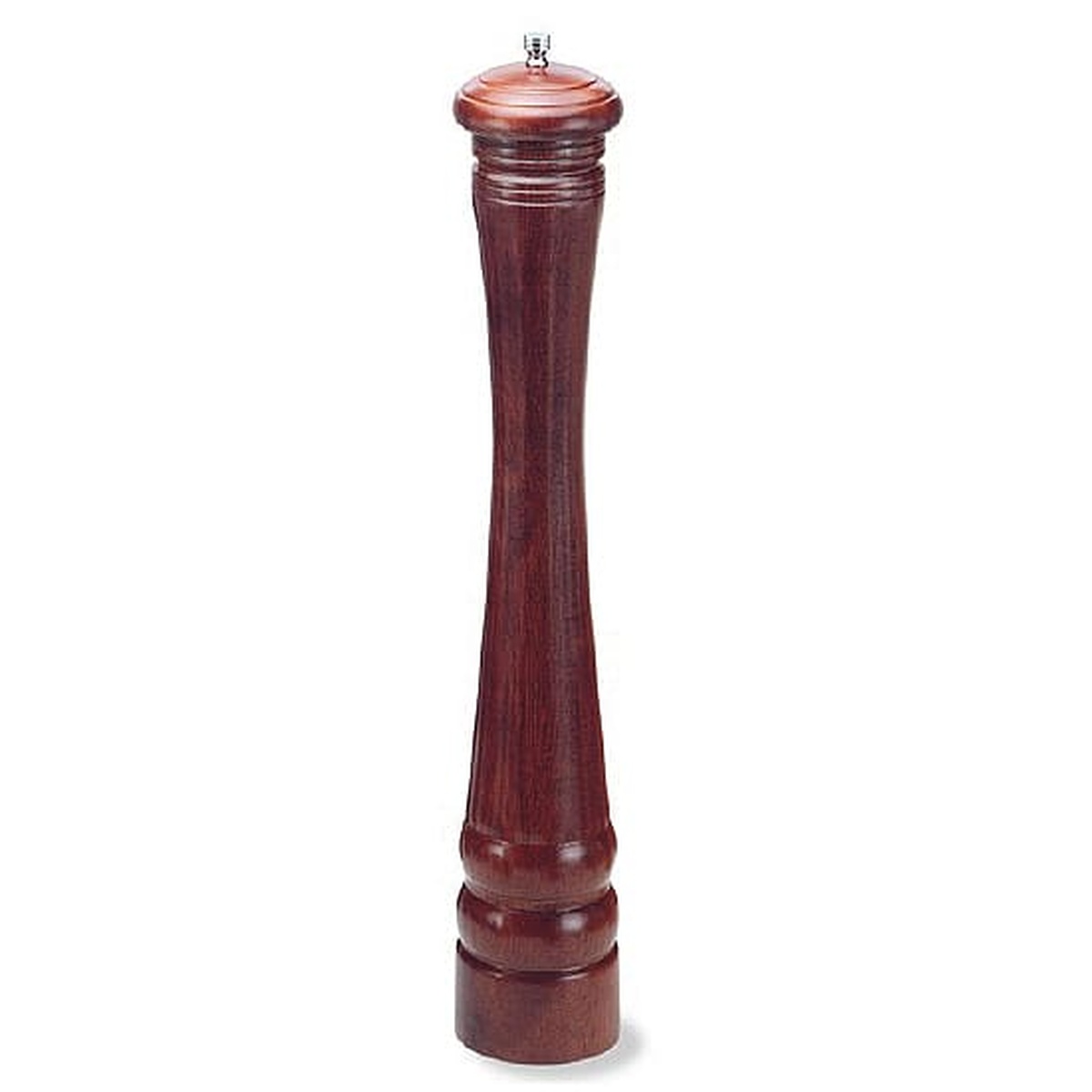 Olde Thompson 17-inch walnut finish wooden hotel pepper mill with classic hourglass silhouette and chrome top knob