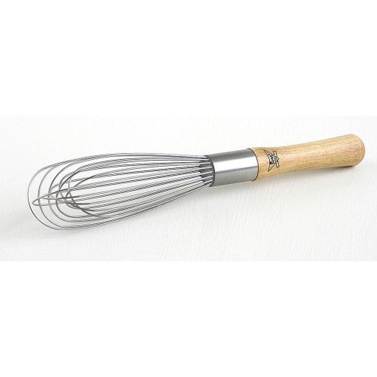 10-inch French whip with stainless steel wire loops and natural birch hardwood handle