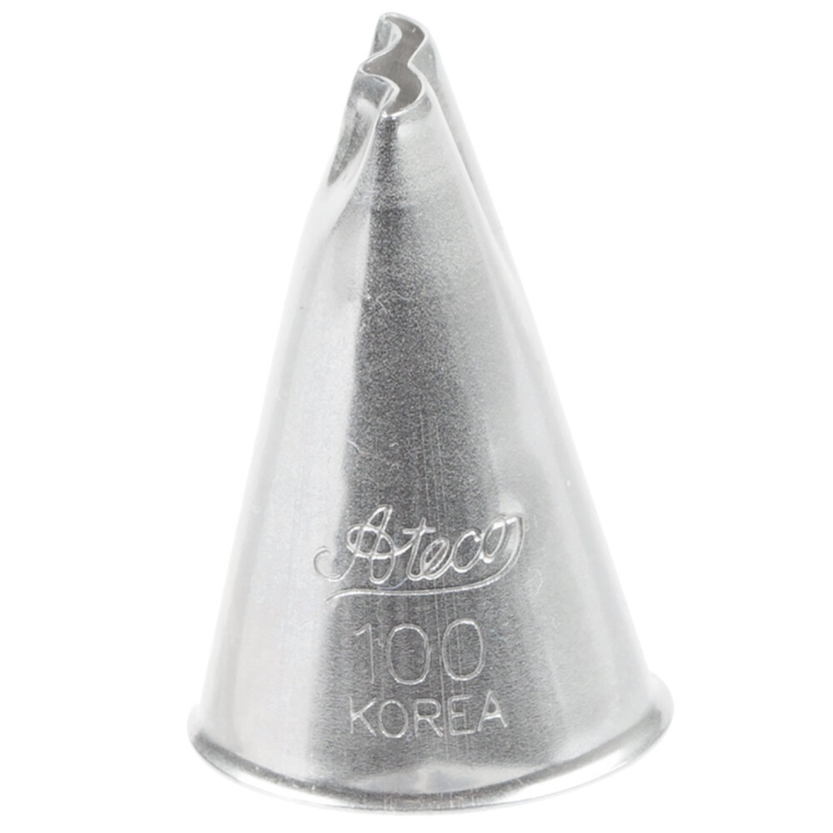 Ateco #100 stainless steel ruffle piping tip showing double ribbon opening at tip
