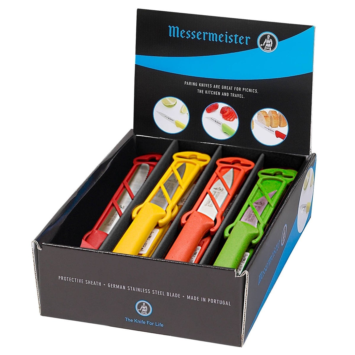 Messermeister Petite Messer 24-piece multi-color paring knife counter display showing red, yellow, orange, and green knives in protective sheaths inside branded retail box