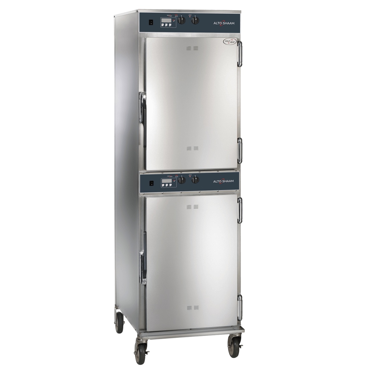 Alto-Shaam 1000-TH/I dual-compartment cook and hold cabinet on casters, stainless steel exterior, front view
