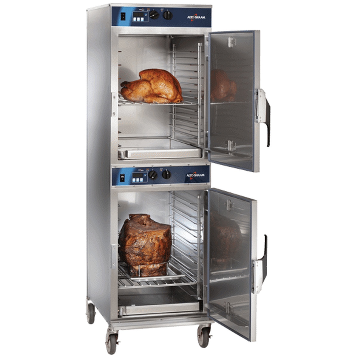 Alto-Shaam 1000-TH/I cook and hold oven doors open showing roasted poultry in upper compartment and roast in lower compartment
