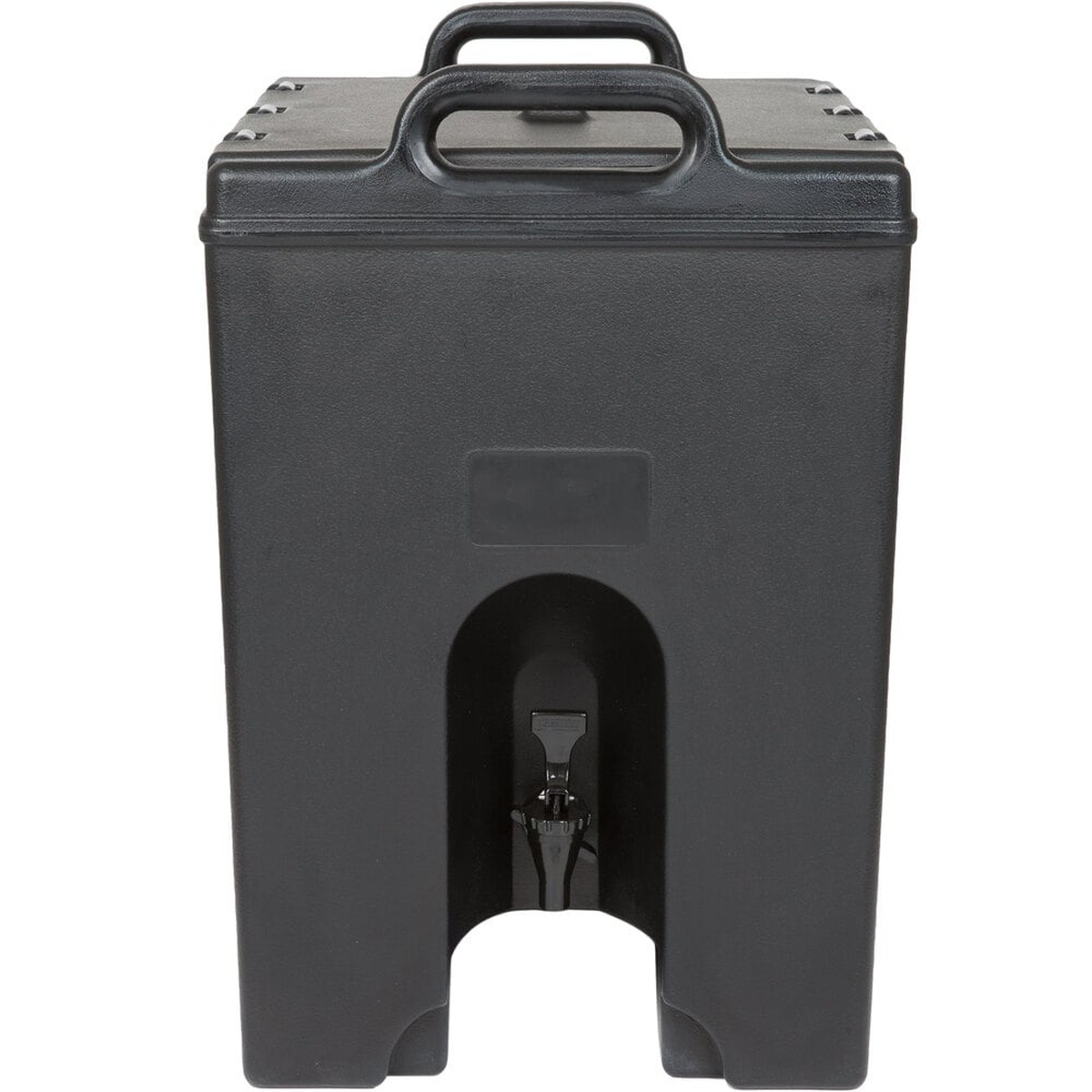 Cambro 1000LCD110 black insulated beverage dispenser, straight-on front view showing spigot recess and label area